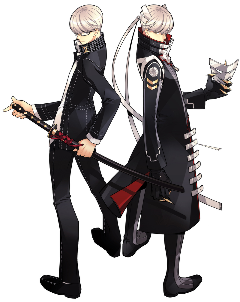 2boys, atlus, claws, coat, cosplay, glasses, izanagi_(cosplay), izanagi_(persona_4), katana, male_focus, mask, multiple_boys, narukami_yu, persona, persona_4, persona_4:_the_ultimate_in_mayonaka_arena, saeuchobab, school_uniform, silver_hair, sword, weapon