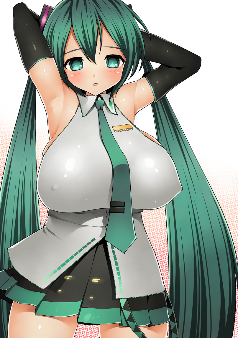 1girl, alternate_breast_size_(larger), armpits, arms_up, bad_id, bad_pixiv_id, blush, breasts, covered_erect_nipples, detached_sleeves, female_focus, green_eyes, green_hair, hatsune_miku, huge_breasts, kumaneko, long_hair, matching_hair/eyes, necktie, skirt, solo, twintails, very_long_hair, vocaloid