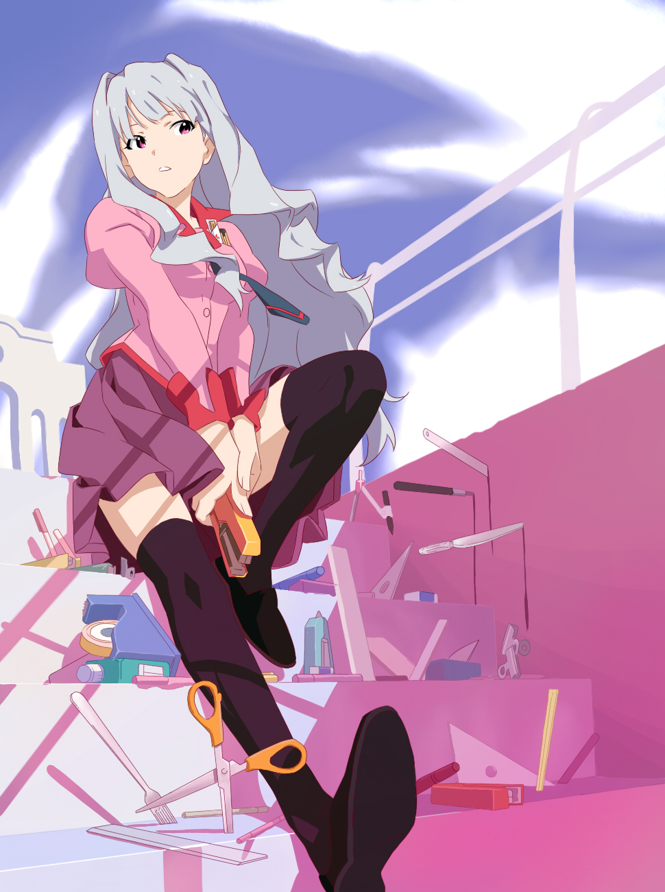 1girl, bakemonogatari, black_thighhighs, boxcutter, cosplay, eraser, female_focus, fork