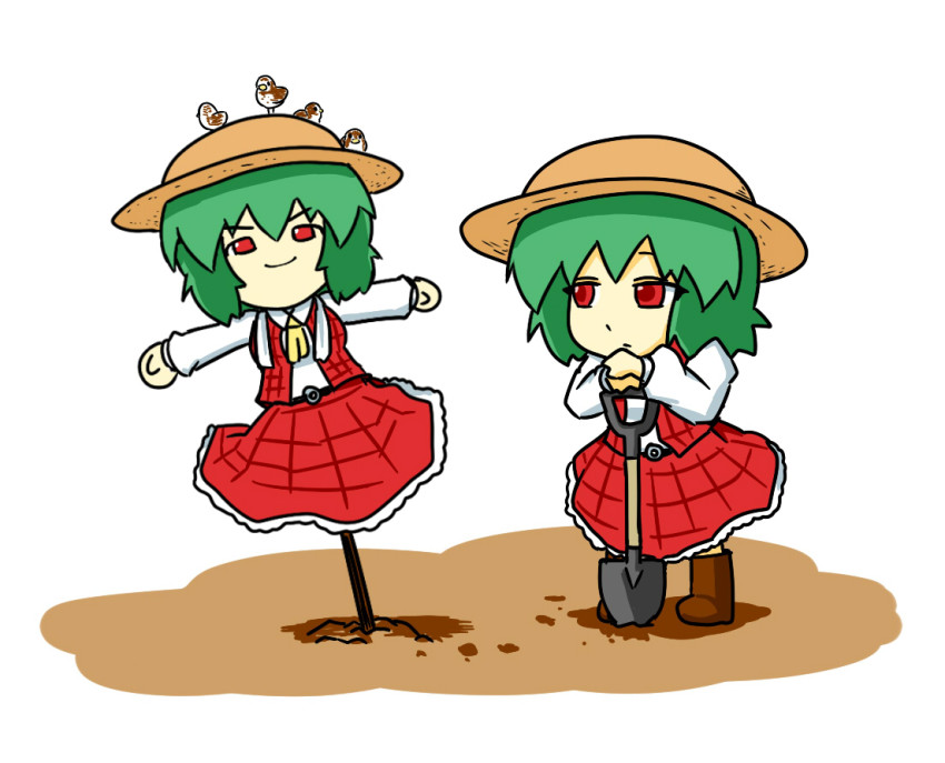 1girl, ascot, bird, boots, chibi, completely_unamused, female_focus, green_hair