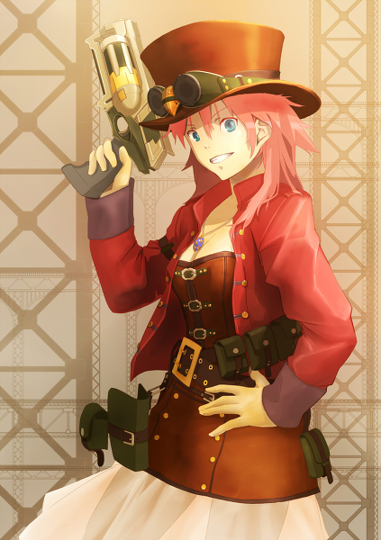 1girl, :d, belt, blue_eyes, breasts, character_request, cleavage, copyright_request, corset, cowboy_shot, female_focus, gabasso, gloves, goggles, gun, hat, jewelry, looking_at_viewer, necklace, open_mouth, original, parted_lips, pink_hair, skirt, smile, solo, steampunk, top_hat, weapon