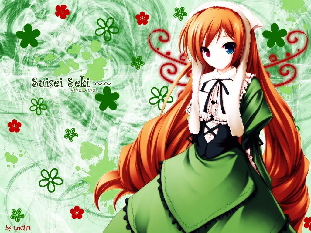 00s, bow, dress, flower, green_background, green_dress, heterochromia, irish_text
