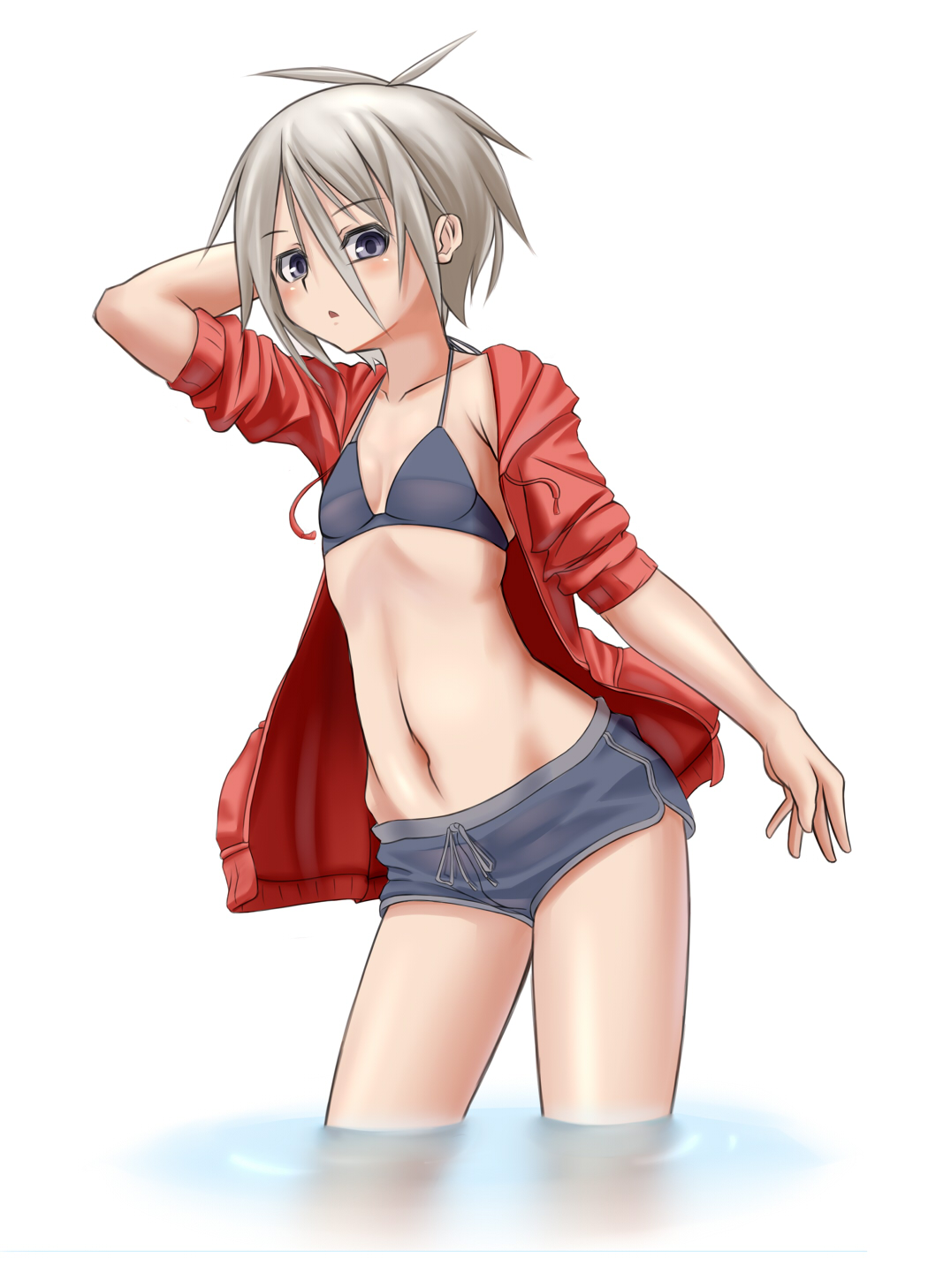 1girl, bikini, bikini_top_only, breasts, cleavage, female_focus, flat_chest, grey_eyes