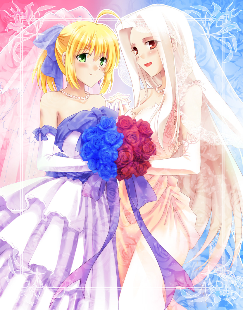 2girls, ahoge, alternate_costume, artoria_pendragon_(fate), bare_shoulders, blonde_hair, blush, bouquet, bow, bridal_veil, bride, closed_mouth, couple, dress, earrings, elbow_gloves, fate/zero, fate_(series), flower, frills, gloves, green_eyes, hair_ribbon, holding_hands, irisviel_von_einzbern, jewelry, long_hair, looking_at_viewer, miyako910724, multiple_girls, neck, necklace, open_mouth, pearl_necklace, ponytail, red_eyes, ribbon, saber_(fate), standing, strapless, strapless_dress, type-moon, veil, wedding, wedding_dress, white_hair, wife_and_wife, yuri