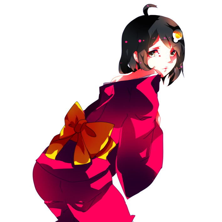 10s, 1girl, ahoge, araragi_tsukihi, bad_id, bad_pixiv_id, black_hair, blue_eyes, egg_(food), female_focus, food, fried_egg, hair_ornament, kochair, monogatari_(series), nisemonogatari, solo