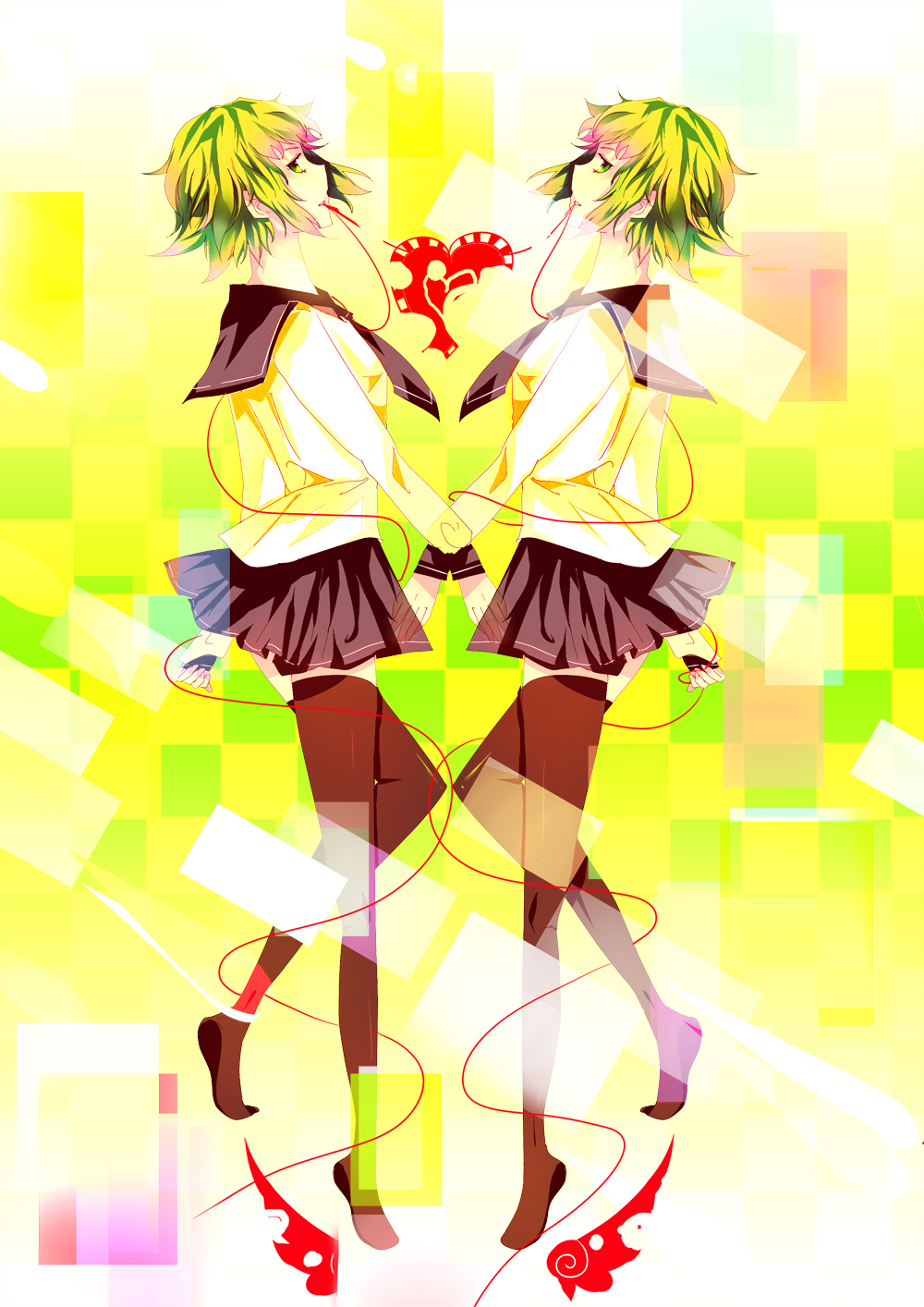 2girls, dual_persona, green_eyes, green_hair, gumi, highres, kochair, multiple_girls