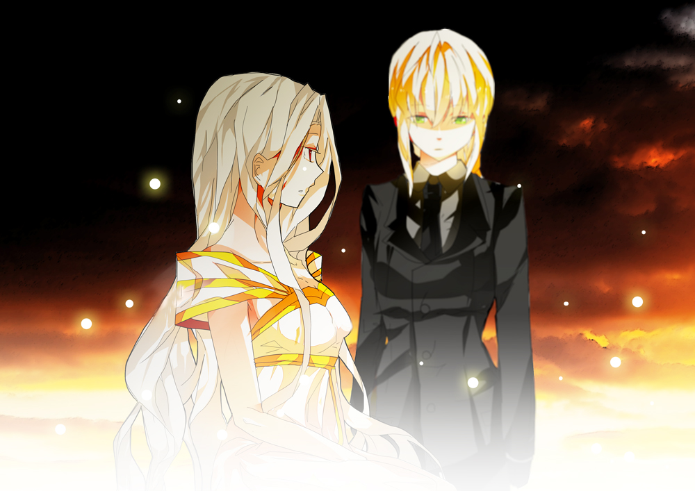 2girls, artoria_pendragon_(fate), bad_id, bad_pixiv_id, blonde_hair, dress, fate/zero, fate_(series), formal_clothes, green_eyes, irisviel_von_einzbern, irisviel_von_einzbern_(angel's_song), kochair, long_hair, multiple_girls, pant_suit, pants, ponytail, red_eyes, saber_(fate), suit, white_hair