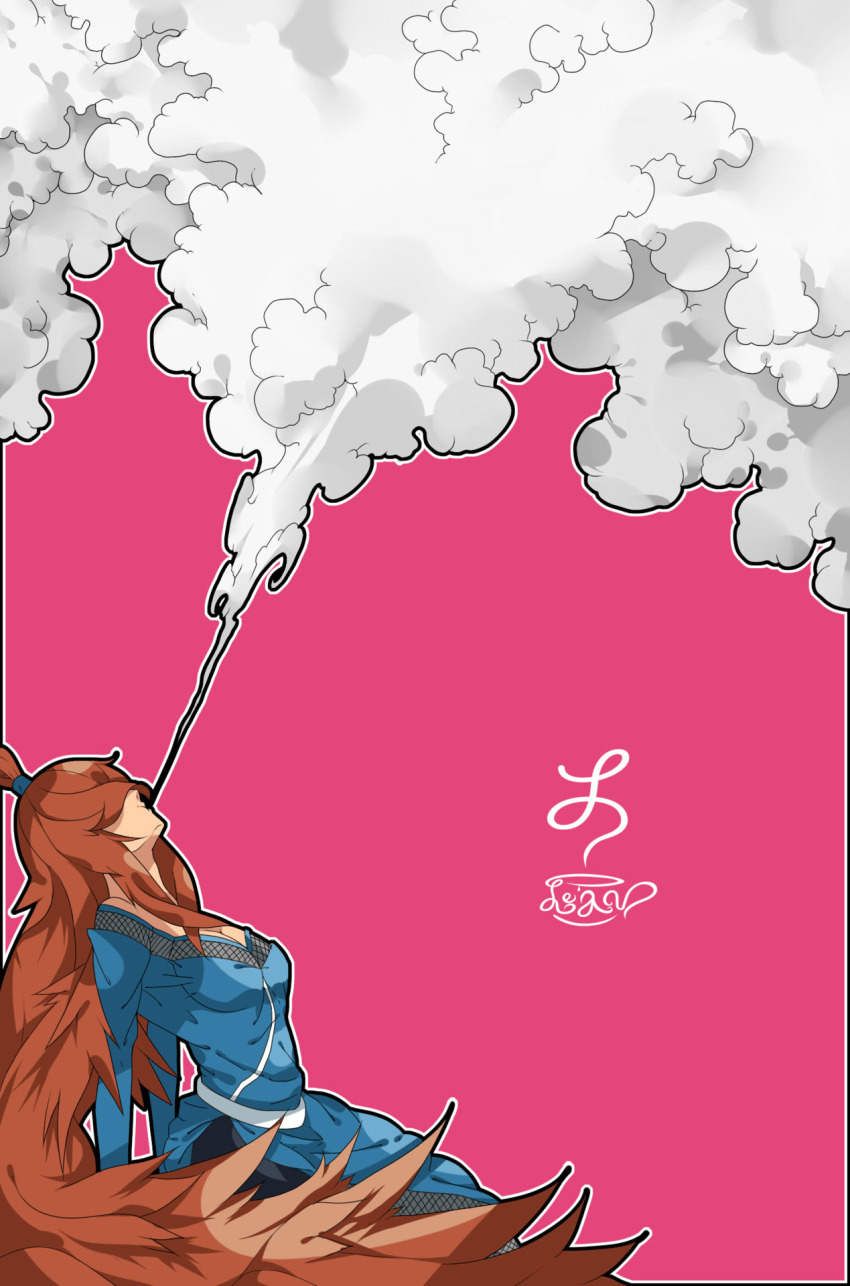 1girl, brown_hair, female_focus, highres, le-avart, long_hair, naruto_(series), naruto_shippuuden, smoke, solo, terumi_mei, topknot, very_long_hair