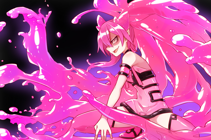 1girl, aqua_regia, armlet, bare_shoulders, boots, female_focus, jewelry, kaida_michi, kneeling, monster_girl, original, pink_boots, pink_eyes, pink_hair, pink_theme, pink_thighhighs, pointy_ears, ponytail, shaded_face, sicx_lives, slime_girl, solo, spread_legs, thigh_boots, thighhighs