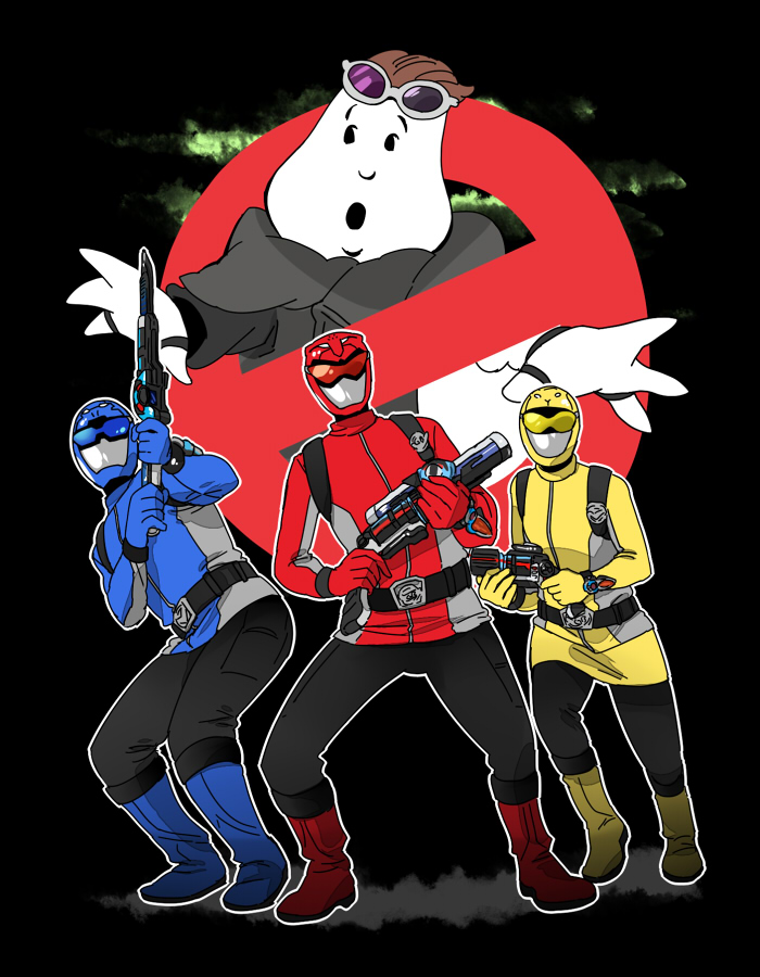 1girl, 2boys, bad_id, bad_pixiv_id, blue_buster, enter_(go-busters), ghostbusters, gun, multiple_boys, parody, red_buster, super_sentai, sword, tokumei_sentai_go-busters, weapon, yellow_buster, yukataro