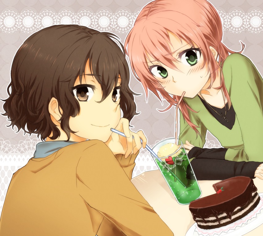 2boys, bad_id, bad_pixiv_id, blush, brown_eyes, brown_hair, cake, drinking