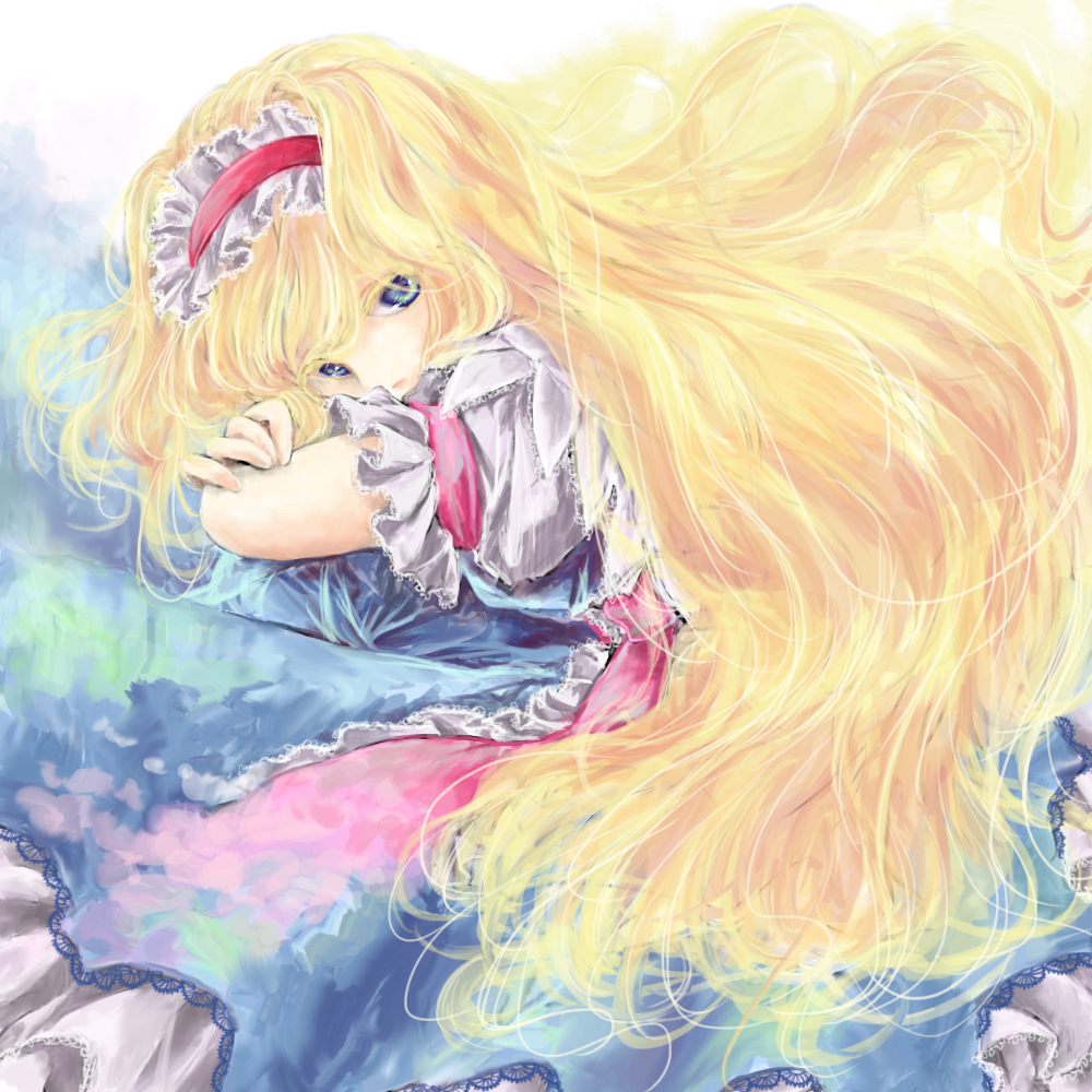 1girl, alice_margatroid, alternate_hair_length, alternate_hairstyle, blonde_hair, blue_dress, blue_eyes, dress