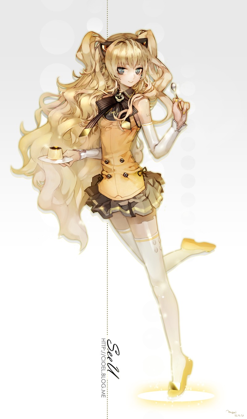 1girl, animal_ears, blonde_hair, eating, fake_animal_ears, food, highres, memipong, plate, pudding, seeu, spoon, thighhighs, vocaloid