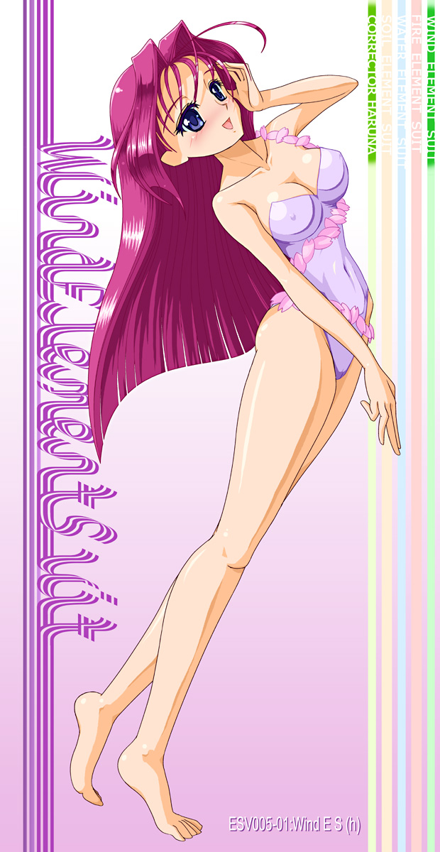 1990s_(style), 1girl, blue_eyes, breasts, cherry_blossoms, cleavage, corrector_yui, covered_erect_nipples, female_focus, hair_intakes, highres, kisaragi_haruna, long_hair, obara_gaun, one-piece_swimsuit, pink_hair, purple_hair, retro_artstyle, solo, swimsuit