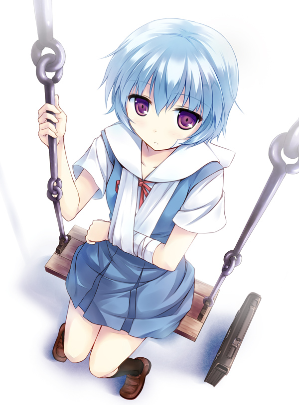1girl, arm_sling, ayanami_rei, bag, bandages, black_socks, blue_hair, female_focus, from_above, full_body, kneehighs, loafers, looking_up, neon_genesis_evangelion, on_swing, pleated_skirt, purple_eyes, ribbon, ryoumoto_ken, school_bag, school_uniform, shoes, short_hair, simple_background, skirt, socks, solo, swing, white_background