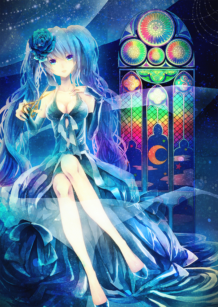 1girl, bare_shoulders, blue_eyes, blue_hair, blue_theme, breasts, cleavage, detached_sleeves