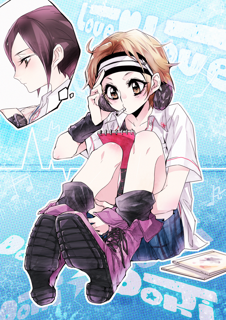 2girls, ariu_aki, bad_id, bad_pixiv_id, black_legwear, boots, brown_eyes, brown_hair