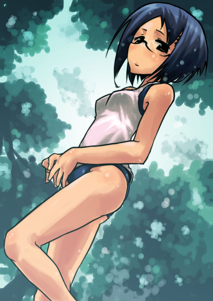 1girl, absurdres, bad_id, bad_pixiv_id, blue_hair, brown_eyes, female_focus, from_below