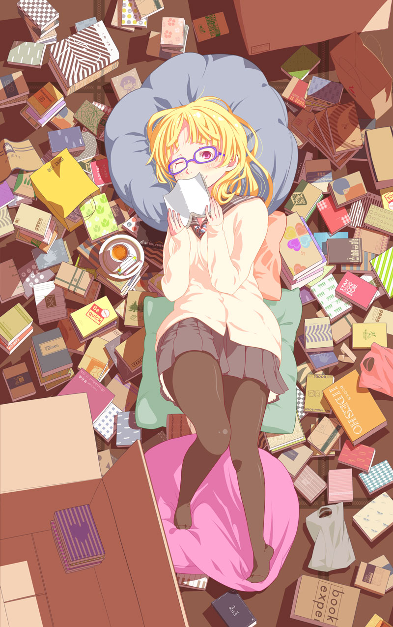1girl, ;), blonde_hair, book, box, brown_pantyhose, cardboard_box, covering_face