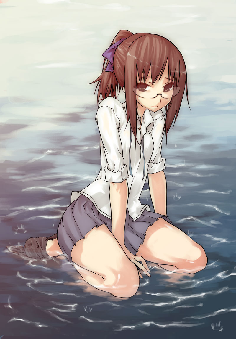 1girl, black_legwear, brown_eyes, brown_hair, female_focus, glasses, hair_ribbon, looking_at_viewer