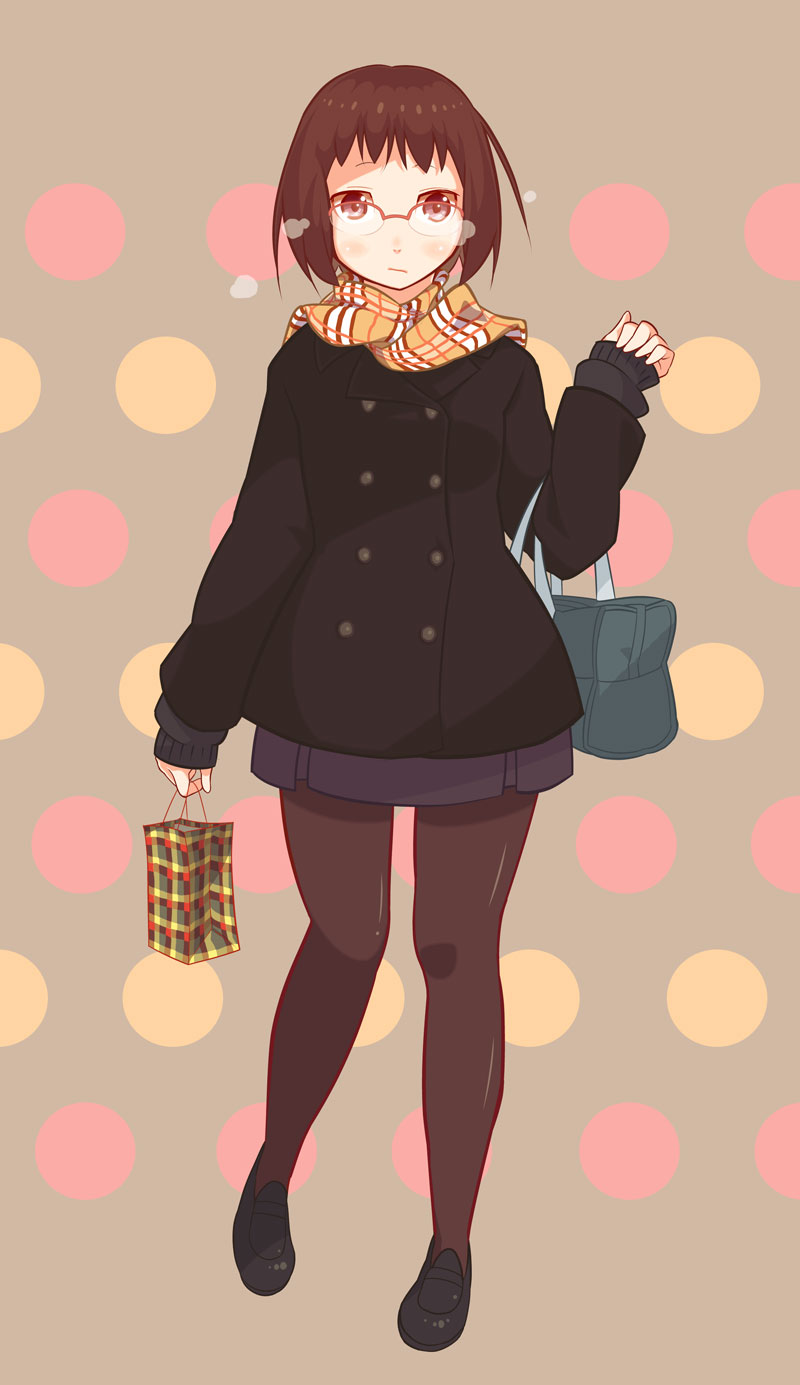 1girl, bad_id, bad_pixiv_id, bag, brown_eyes, brown_hair, brown_pantyhose, carrying