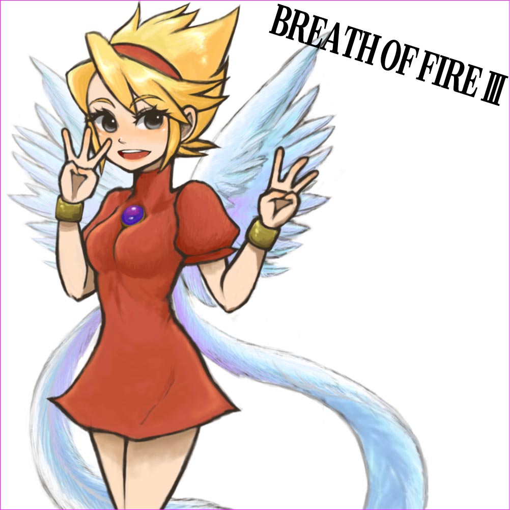 1girl, angel_wings, blonde_hair, bracelet, breath_of_fire, breath_of_fire_iii, dress, grey_eyes