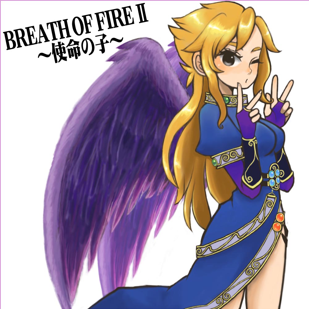 1girl, :o, angel_wings, black_wings, blonde_hair, bracelet, breath_of_fire, breath_of_fire_ii