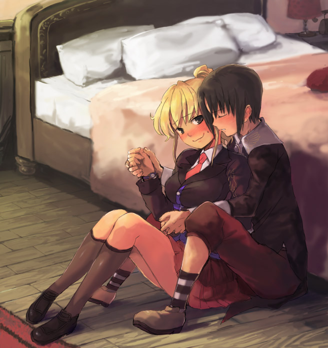 07th_expansion, bed, black_hair, blonde_hair, blush, furutachirikonbu, holding_hands, kanon_(umineko), necktie, no_naku_koro_ni_(series), ponytail, skirt, socks, striped_clothes, striped_legwear, striped_socks, umineko_no_naku_koro_ni, ushiromiya_jessica, watch, wristwatch