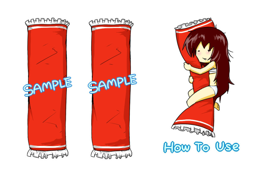 1girl, alternate_hairstyle, bandages, brown_hair, dakimakura_(medium), dakimakura_(object), female_focus, hair_tubes, hakurei_reimu, hugging_object, long_hair, lying, on_side, panties, pillow, pillow_hug, pon_(0737), sample_watermark, sarashi, simple_background, sleeping, solo, touhou, underwear, watermark, white_background, white_panties