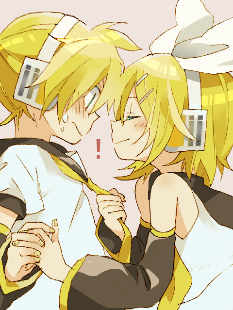 !, 1boy, 1girl, 4_(nakajima4423), bare_shoulders, blonde_hair, blue_eyes, blush, brother_and_sister, closed_eyes, clothes_grab, detached_sleeves, from_side, hairband, headphones, hetero, holding_hands, imminent_kiss, incest, kagamine_len, kagamine_rin, necktie, necktie_grab, neckwear_grab, siblings, twincest, twins, vocaloid, yellow_necktie