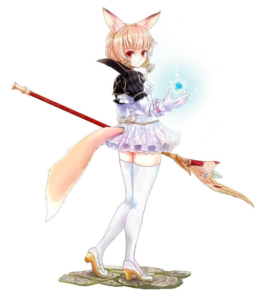 1girl, animal_ears, brown_eyes, brown_hair, dress, elin, energy_ball, female_focus, fox_ears, from_behind, gloves, gymno, looking_back, magic, short_hair, short_twintails, solo, staff, tail, tera_online, thighhighs, twintails, weapon, zettai_ryouiki