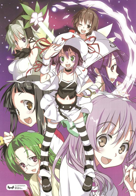 6+girls, anchor, animal_hat, black_hair, brown_eyes, brown_hair, choker, elbow_gloves, engi_threepiece, facial_mark, flower, glasses, gloves, green_eyes, green_hair, hat, hoshino_mei, jacket, key, kirishima_saki_(yumekui_merry), kisaragi_minato, kounagi_yui, light_purple_hair, long_hair, mahan_(clock_hearts), merry_nightmare, midriff, multiple_girls, navel, one_eye_closed, open_mouth, purple_eyes, purple_hair, short_hair, smile, striped_clothes, striped_legwear, striped_thighhighs, sword, symbol-shaped_pupils, tachibana_isana, thighhighs, weapon, wink, yumekui_merry