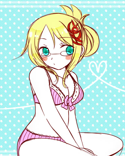 aqua_eyes, bare_shoulders, bikini, blonde_hair, breasts, dia_(luminous_arc), glasses, hair_ornament, lowres, luminous_arc, luminous_arc_2, midriff, swimsuit