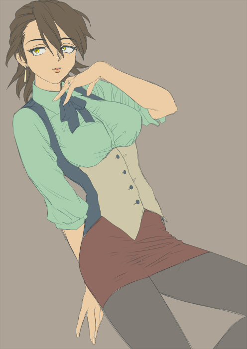 10s, 1girl, bad_id, bad_pixiv_id, black_pantyhose, breasts, brown_eyes, brown_hair