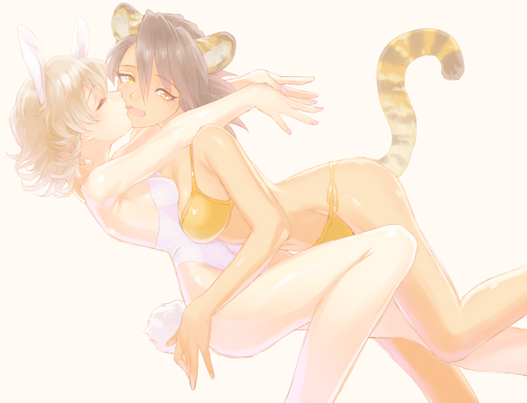 10s, 2girls, animal_ears, bad_id, bad_pixiv_id, bare_legs, barnaby_brooks_jr., bikini, blonde_hair, blush, breasts, brown_eyes, brown_hair, fake_animal_ears, fang, gender_request, genderswap, hug, kaburagi_t._kotetsu, kemonomimi_mode, kiss, large_breasts, multiple_girls, playboy_bunny, rabbit_ears, rabbit_tail, short_hair, sideboob, suho-i47, swimsuit, tail, tiger_&amp;_bunny, tiger_ears, tiger_tail, yellow_eyes, yuri