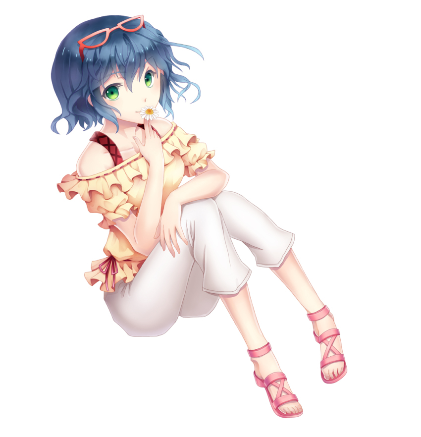 1girl, asc_(sfhiro), bare_shoulders, blue_hair, eyewear_on_head, female_focus, flower, glasses