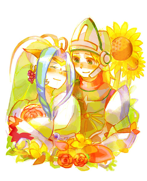 1boy, 1girl, agarte_lindblum, animal_ears, armor, blonde_hair, blue_hair, blush