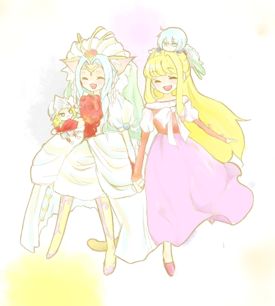 2boys, 2girls, agarte_lindblum, animal_ears, armor, blonde_hair, blue_eyes, blue_hair