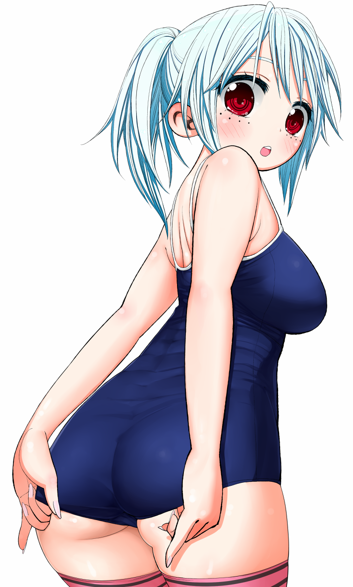 1girl, adjusting_clothes, adjusting_swimsuit, ass, female_focus, freckles, from_below, jouyama_yui