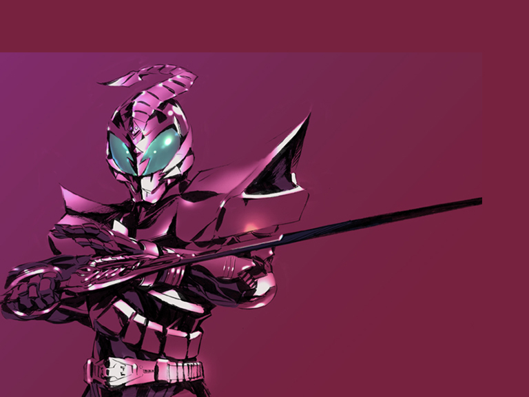 1girl, armor, belt, female_focus, holding, holding_sword, holding_weapon, kamen_rider, kamen_rider_kabuto_(series), kamen_rider_sasword, male_focus, pauldrons, purple_theme, rider_sasword, shoulder_armor, solo, sword, thighhighs, weapon
