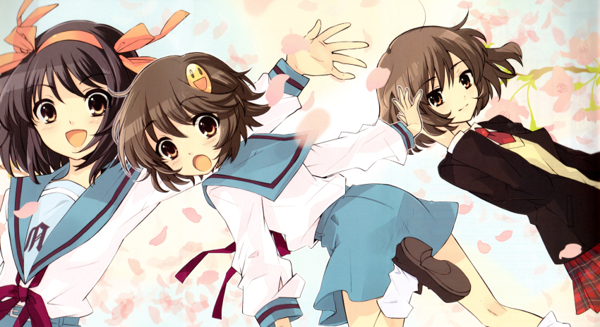 3girls, :d, :o, absurdres, ass, blazer, breasts, brown_hair