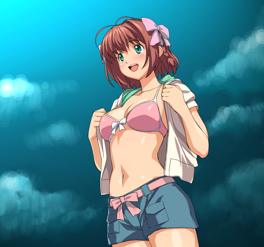 1girl, a1_(initial-g), absurdres, amami_haruka, amami_haruka_(cosplay), bikini, bikini_top_only, bikini_under_clothes, blush, braid, brown_hair, cosplay, female_focus, green_eyes, hair_ribbon, highres, idolmaster, idolmaster_xenoglossia, kimi_ga_nozomu_eien, lingerie, midriff, name_connection, navel, open_clothes, open_mouth, open_shirt, open_skirt, parody, pink_bikini, ribbon, shirt, short_hair, short_shorts, shorts, side_braid, skirt, solo, suzumiya_haruka, swimsuit, swimsuit_under_clothes, underwear, undressing