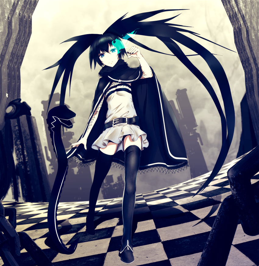 10s, 1girl, black_hair, black_rock_shooter, black_rock_shooter:_innocent_soul, black_rock_shooter_(character), blue_eyes, boots, checkered_floor, glowing, glowing_eye, glowing_eyes, highres, infinote, long_hair, looking_at_viewer, nail_polish, ron_(black_rock_shooter), snake, thigh_boots, thighhighs, twintails, zettai_ryouiki