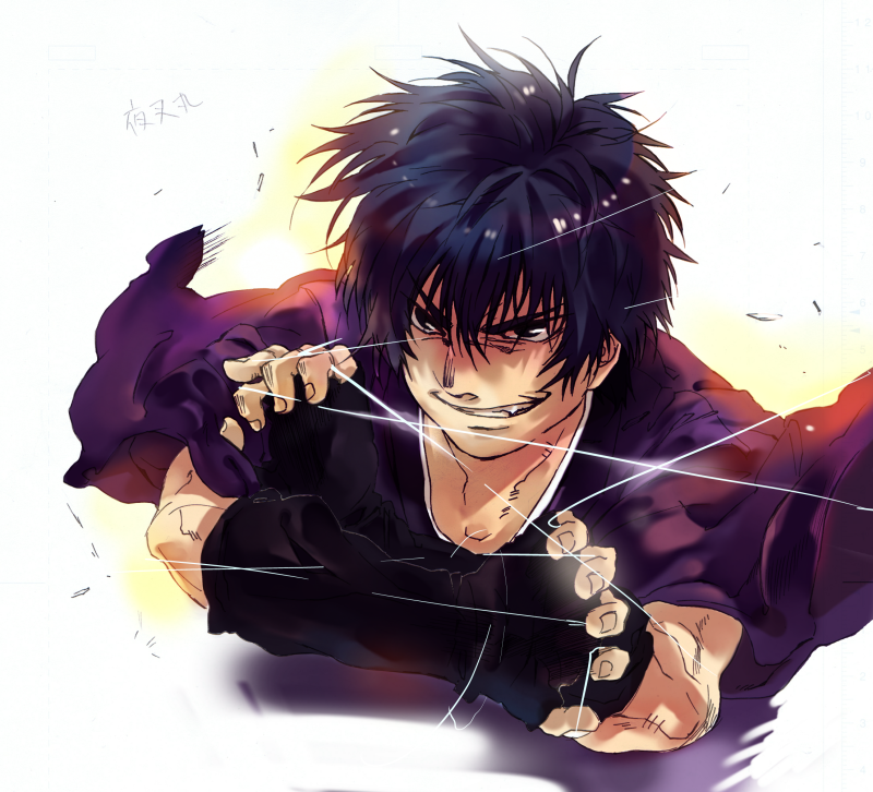 00s, 1boy, basilisk_(manga), black_eyes, blue_hair, fingerless_gloves, gloves, grin