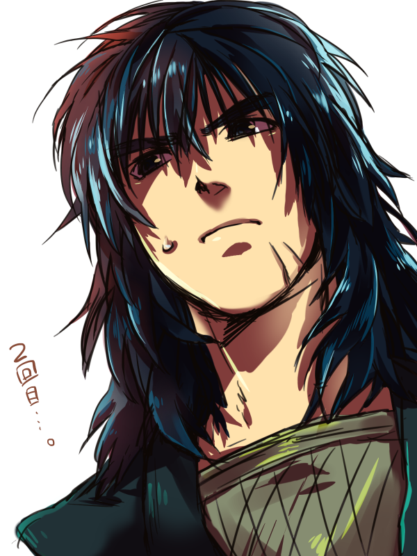 00s, 1boy, basilisk_(manga), black_eyes, blue_hair, chikuma_koshirou, long_hair, male_focus