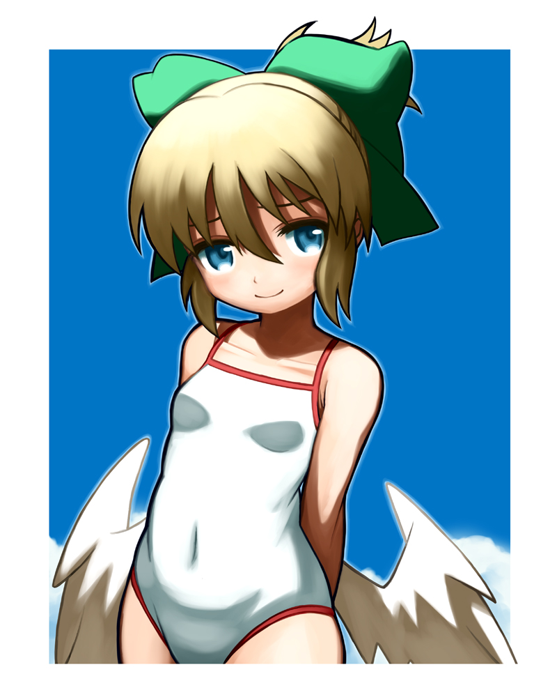 1girl, arms_behind_back, bad_id, bad_pixiv_id, blonde_hair, blue_eyes, female_focus, jitsudan