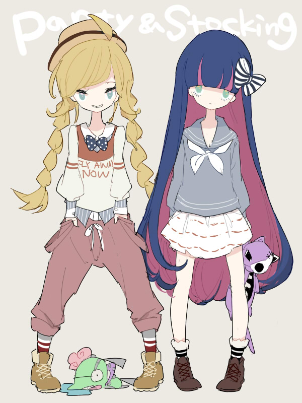 10s, 2girls, alternate_hairstyle, blonde_hair, bow, bowtie, braid, chaki_(chackiin)