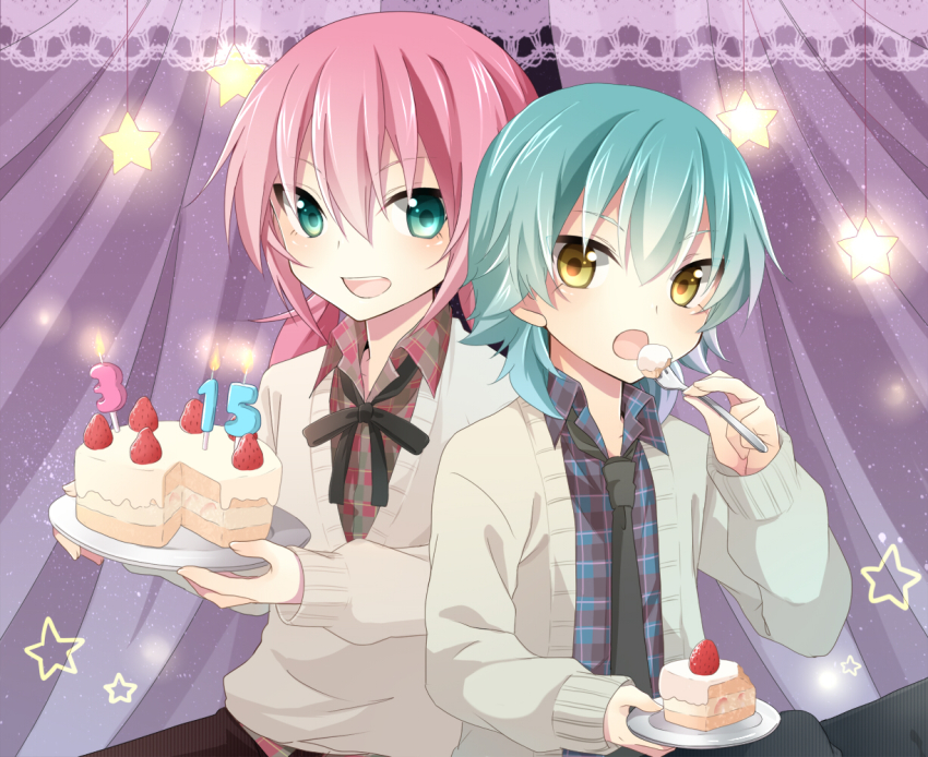2boys, :d, :o, aqua_eyes, aqua_hair, bad_id, bad_pixiv_id, cake