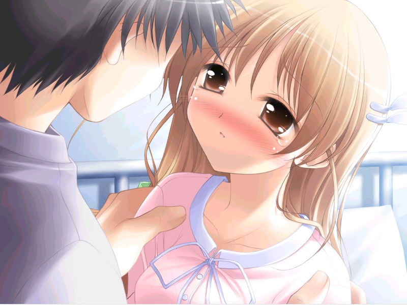 1girl, blouse, blush, brown_eyes, brown_hair, game_cg, ko~cha, pink_shirt, sakurai_chie, shirt, solo_focus, tears, white_shirt, yuibashi