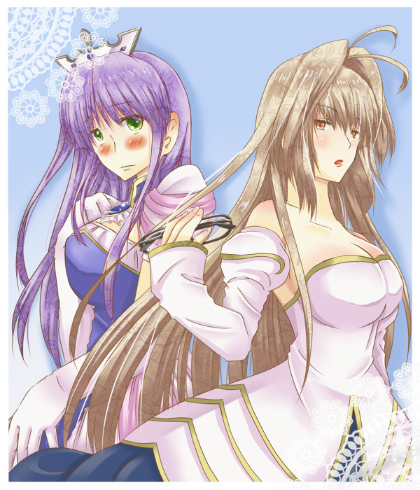 00s, 2girls, antenna_hair, archetype_earth, arcueid_brunestud, bad_id, bad_pixiv_id, bare_shoulders, blonde_hair, blush, breasts, cleavage, detached_sleeves, dress, elbow_gloves, unworn_eyewear, feena_fam_earthlight, glasses, gloves, green_eyes, holding, holding_removed_eyewear, large_breasts, long_hair, melty_blood, multiple_girls, pochomo, purple_hair, red_eyes, strapless, strapless_dress, tiara, trait_connection, tsukihime, type-moon, yoake_mae_yori_ruri_iro_na